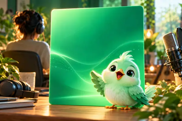 An original mint-green bird mascot appearing at the lower corner of a bright emerald product card, playful polished illustration.