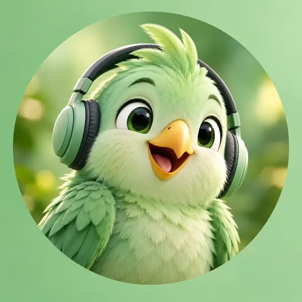 A friendly original mint-green bird mascot wearing headphones, shown as a simple circular portrait on a soft green background.