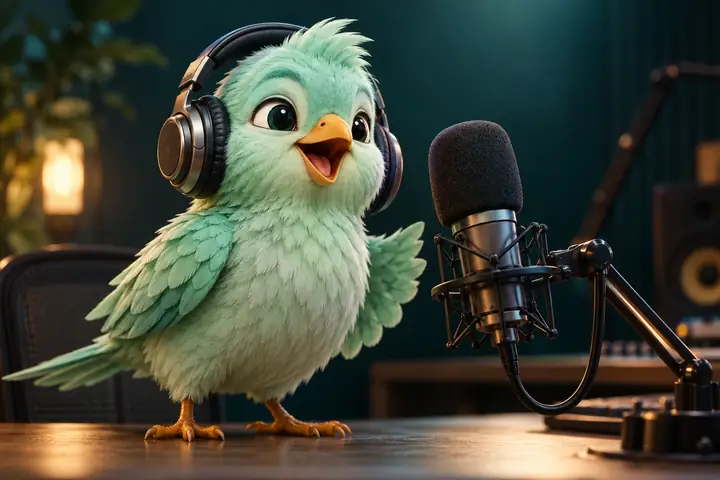 A friendly original mint-green bird mascot wearing headphones beside a studio microphone, softly lit against a dark teal background.