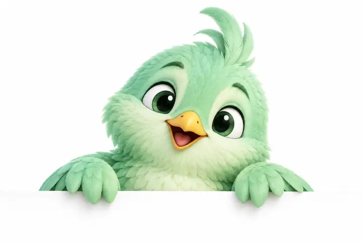 An original mint-green bird mascot peeking over an edge, friendly minimal editorial illustration on white.