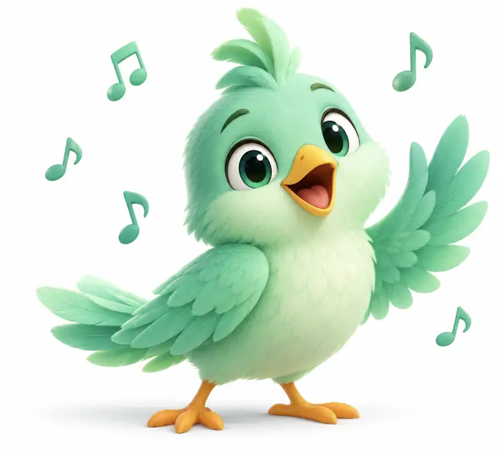A friendly original mint-green bird mascot waving amid small floating musical notes on a white background, cheerful clean product illustration.